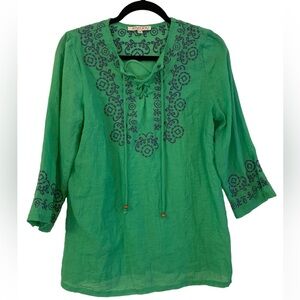 Joy Joy Embroidered Peasant Tunic Top medium green & blue